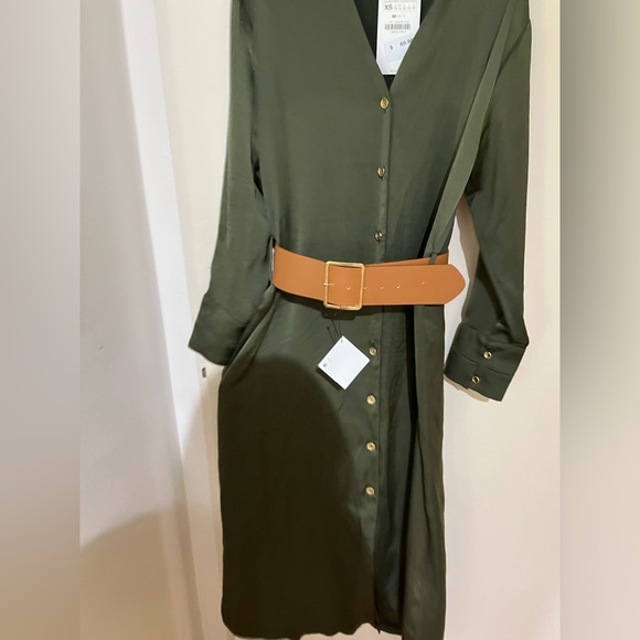 NEW Zara Belted Satin Shirt Dress XS Olive Green With Tag - Picture 3 of 6